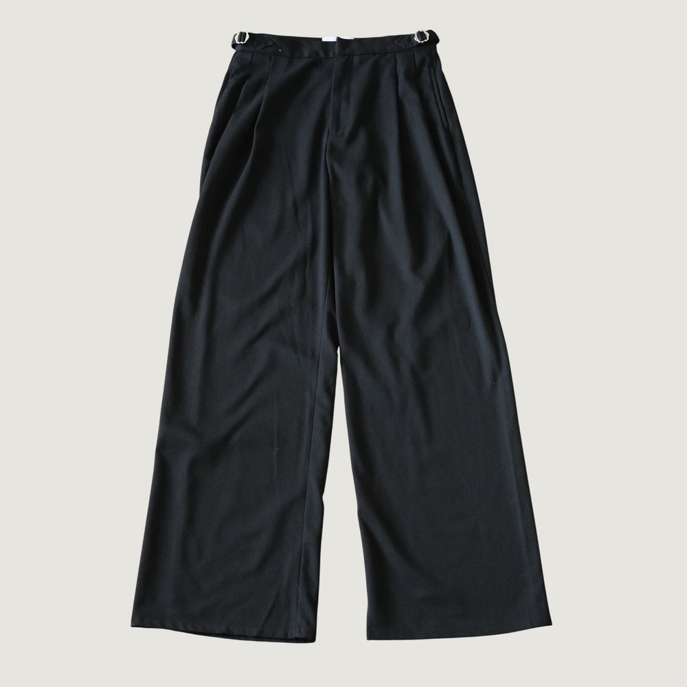 Heathe Trousers Pleated Wide Leg Black Tailored Side Buckle Adjuster Size M 3525